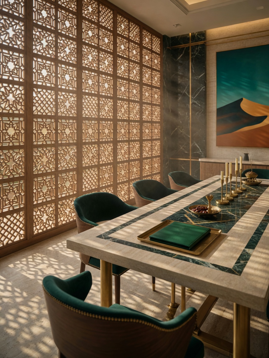 Luxurious Saudi boardroom with wooden mashrabiya lattice casting golden geometric light patterns across travertine and emerald marble