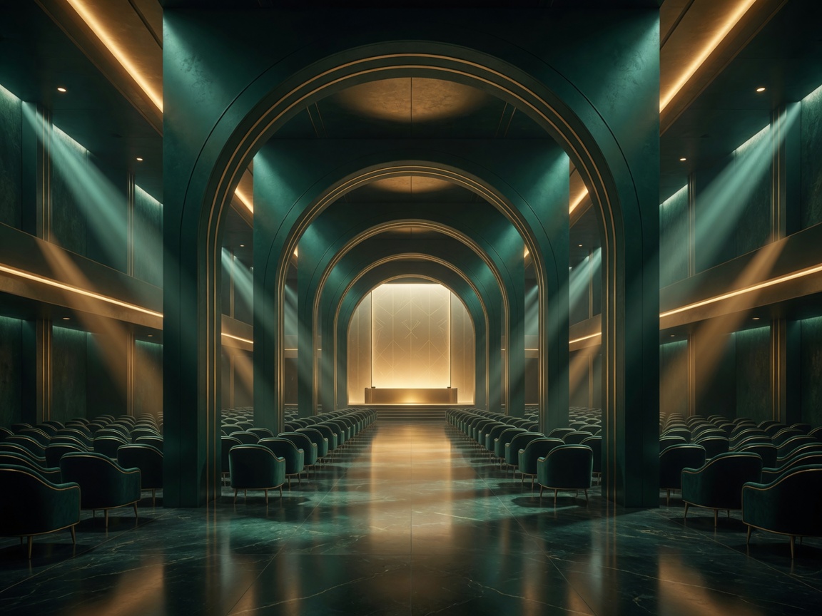 Grand emerald conference hall with receding gold-lined arches, volumetric light beams and an empty elegant auditorium